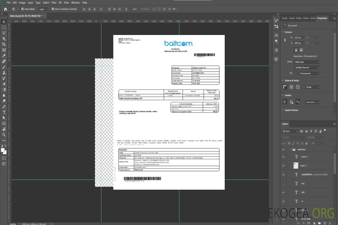 Facture commerciale des services publics de télécommunications Baltcom, SCR template